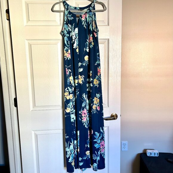 Glamour Dresses & Skirts - Glamour women maxi dress size 10 blue floral round neck sleeveless cutout gold